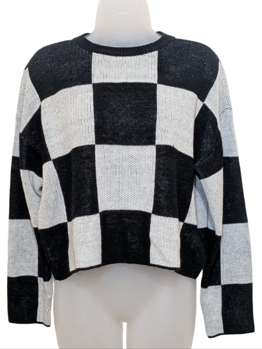 Nikkak | Black and White Crop Checkered Crewneck Sweater | Classic Womens Knit |